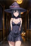 1girl alluring black_hair blue_eyes halloween hallway jack_o_lantern medium_breasts nightgown takanentr witch_hat yahari_ore_no_seishun_lovecome_wa_machigatteiru. yukinoshita_yukino