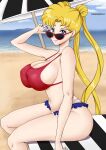 1girl alluring beach big_breasts bikini bishoujo_senshi_sailor_moon blonde_hair blue_eyes fanbox_reward female_only glasses gummslime hair_buns looking_at_viewer looking_over_shoulder painted_nails sunglasses tagme twin_tails usagi_tsukino