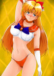 1girl 1girl aino_minako bishoujo_senshi_sailor_moon blonde_hair blue_eyes blush bow breasts covered_erect_nipples crop_top gloves high_res long_hair magical_girl medium_breasts nanashi_noiji panties red_bow sailor_venus sleeveless underwear