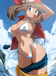 1girl 1girls bandana bangs beach big_breasts bikini bikini_bottom blue_eyes blue_sky blush breasts brown_hair cleavage closed_mouth clothing cloud coolerinker cowboy_shot day gloves highleg highleg_bikini inker_comics inkershike legs long_hair looking_at_viewer may_(pokemon) navel ocean open_clothes open_shirt outside pokemon pokemon_(game) pokemon_character pokemon_rse pose posing protagonist_(pokemon) red_bandana sensual shirt short_sleeves shorts side-tie_bikini_bottom side-tie_clothing side-tie_swimsuit sky smile standing stomach swimsuit thighs thong_bikini voluptuous water white_bikini white_swimsuit