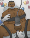 1boy anal_penetration balloon blush body_hair dark-skinned_male fingering fingering_ass gagged human legs_apart lucas565 male nude nude_male pubic_hair restrained short_hair solo_human solo_male
