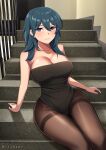 1girl 1girl 1girl absurd_res alluring alternate_costume bangs bare_shoulders big_breasts black_leotard black_pantyhose blue_eyes blue_hair byleth_(fire_emblem) byleth_(fire_emblem)_(female) cleavage closed_mouth collarbone commentary_request female_only fire_emblem fire_emblem:_three_houses hair_between_eyes high_res indoors leotard looking_at_viewer medium_hair namu_(112namu) nintendo pantyhose sidelocks sitting sitting_on_stairs stairs strapless strapless_leotard teal_hair thighband_pantyhose twitter_username