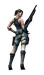 1girl 3d ass belt boots bracelet bracer brown_hair capcom dark_skin earphones earrings full_body gloves gun guns highres jewelry lipstick necklace resident_evil resident_evil_5 sheva_alomar short_ponytail shotgun simple_background solo tan weapon weapons white_background