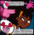 african afro angry_face background_character big_balls big_penis black_hair blue_background brown_skin cartoon_network clothed crossover edit edited_screencap futanari hairjob hd penis_in_hair pink_gloves pink_hair pink_shorts pink_skin rubbing_penis smiley_face speech_bubble spinel_(steven_universe) steven_universe teletoon total_drama total_drama_island total_dramarama weird_crossover white_shirt yellow_jacket