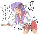 1girl baka_gaki bent_over blush clenched_teeth cum cum_on_clothes ejaculation endured_face futanari hair_ribbon hidden hiiragi_kagami long_hair lucky_star masturbation orgasm penis purple_hair ribbon saliva shudder simple_background skirt solo stain teeth translated tremble trembling uniform white_background