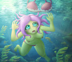 1girl aqua_eyes artist_name barefoot big_breasts blush bra breasts eel equestria_girls eyelashes feet female fish flowing_hair fluttershy fluttershy_(eg) fluttershy_(mlp) freediving friendship_is_magic generalecchi hasbro human jellyfish long_hair marine my_little_pony navel nevermind_parody nipples nirvana ocean older older_female open_mouth panties panties_only parody pink_hair pink_panties pink_underwear sea seaweed solo swimming topless underwater underwear underwear_only wardrobe_malfunction water watermark yellow_skin young_adult young_adult_female young_adult_woman