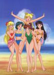 1990s_(style) 5girls absurd_res alluring ami_mizuno ball barefoot beach beachball bikini bishoujo_senshi_sailor_moon black_hair blonde_hair blue_bikini blue_eyes blue_hair bow breasts brown_hair carrying casual_one-piece_swimsuit cleavage closed_eyes day double_bun earrings floral_print green_eyes green_one-piece_swimsuit hair_bobbles hair_bow hair_bun hair_ornament hand_on_another's_shoulder high_ponytail high_res holding holding_ball jewelry long_hair makoto_kino medium_breasts minako_aino multiple_girls navel non-web_source official_art one-piece_swimsuit open_mouth outside outstretched_arms piggyback purple_eyes red_one-piece_swimsuit rei_hino retro_artstyle sarong scan short_hair smile spread_arms standing striped_clothes striped_one-piece_swimsuit stud_earrings swimsuit toei_animation twin_tails usagi_tsukino