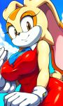 1girl aged_up ai_generated big_breasts breasts brown_eyes bunny_girl clothed cream_fur cream_the_rabbit curvy day dress female_focus furry furry_female gloves looking_at_viewer outside pixai red_dress sega sky smile sonic_the_hedgehog_(series) tight_clothing upper_body