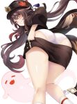 1girl 1girl ass ass_focus big_ass blush genshin_impact grin hu_tao_(genshin_impact) long_hair looking_at_viewer red_eyes solo_female solo_focus taking_off_clothes thick_thighs thighs undressing white_background white_panties