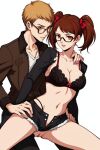 1boy 1girl ai_generated cleavage couple dark_brown_hair light_brown_hair marvin_harris original_character persona_4 pussy rise_kujikawa