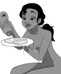 1boy 1girl 1girl absurd_res black_hair breasts brown_eyes cleavage cum_on_food cumshot dark-skinned_female dark-skinned_male dark_skin disney erection food foodplay high_res inkershike large_penis long_hair male medium_breasts nipples nude penis princess_tiana pubic_hair simple_background smile the_princess_and_the_frog white_background