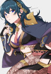 1girl allurign alluring black_footwear black_hairband blue_eyes byleth_(female)_(fire_emblem) byleth_(fire_emblem) byleth_(jehanna)_(fire_emblem_(female) cape choker fire_emblem fire_emblem:_three_houses fire_emblem_heroes grey_background hairband hand_up high_res long_hair looking_at_viewer medium_breasts midriff navel nintendo official_alternate_costume pantyhose peach11_01 simple_background stomach teal_hair thighs