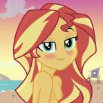 1girl 1girl beach bedroom_eyes blonde_hair blush breasts cloud equestria_girls female_only grin kingdark0001 looking_at_viewer my_little_pony nipples nude nude nude_beach small_breasts sunset sunset_shimmer