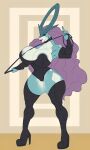 1girl ber00 big_ass big_breasts blue_skin collar corset lingerie long_hair milf muscular_female platform_boots purple_hair seductive sexy suicune tall_female thighs white_skin wip