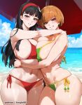 1girl 2_girls ai_generated alternate_breast_size amagi_yukiko atlus big_breasts black_hair breasts brown_skin huge_breasts long_hair lucyla persona persona_4 satonaka_chie short_hair thick_thighs wide_hips