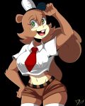 1girl anthro brown_fur bushy_tail curvy dalley_le_alpha dark_background fully_clothed furry green_eyes navel nickelodeon nipple_bulge red_tie sandy_cheeks shorts spongebob_squarepants squirrel straight_hair uniform white_hat