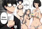 3_girls amamiya_ren big_breasts bikini black_hair breasts brown_hair choker glasses karbuitt kawakami_sadayo looking_at_viewer megami_tensei niijima_sae persona persona_5 ren_amamiya sadayo_kawakami sae_niijima shirt_lift shujin_uniform speech_bubble spider_web_print tae_takemi takemi_tae white_background white_hair
