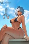 1girl 1girl 2b_(nier:automata) alluring artist_logo artist_name astrowolf big_breasts bikini black_bikini blue_eyes blue_sky bob_cut bottle cloud commentary crossed_legs english_commentary hairband high_res holding holding_bottle logo lotion_bottle mole mole_under_mouth nier:automata nier_(series) on_bench outside parted_lips pod_(nier:automata) robot short_hair sitting sky square_enix swimsuit teeth thighs wet white_hair yorha_2b yorha_no._2_type_b