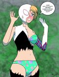 belly_button blush bra destroyed_clothing embarrassed embarrassed_underwear_female exposed_panties gwen_stacy marvel marvel_comics midriff mrbragas panties spider-man underwear