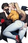 1boy 1girl ai_generated ann_takamaki ass blonde_hair blue_eyes couple cum morgana_(persona_5) persona_5 pussy