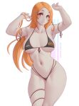 1girl alluring big_breasts bikini black_bikini bleach cleavage collarbone high_res highleg highleg_bikini inoue_orihime legs long_hair makeup melowh micro_bikini navel orange_eyes orange_hair patreon_username pornhub standing swimsuit thigh_strap thighs white_background wide_hips