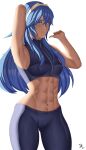 1girl 1girl alluring arcedo athletic_female blue_eyes blue_hair female_abs fire_emblem fire_emblem_awakening fire_emblem_warriors fit_female gym_pants lucina lucina_(fire_emblem) medium_breasts nintendo sports_bra