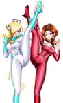 2_girls alluring blonde_hair blue_eyes bodysuit brown_hair crown donkey_kong_(series) earrings high_res irohazakayouth jewelry mario_(series) mario_kart_8 mario_kart_8_deluxe multiple_girls nintendo pauline_(mario) princess_rosalina racing_suit red_bodysuit rosalina split standing standing_on_one_leg standing_split star_(symbol) star_earrings super_mario_bros. teardrop_earring