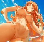 1girl araneesama big_breasts brown_eyes bubble_butt cleavage horny inviting_to_sex naked naked_female nami nami_(one_piece) nude nude_female one_piece orange_hair pose shaved_pussy standing teasing thick_thighs