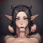 ai_generated alley artist_request black_hair femboy feminine_body goth green_eyes horns_hairband long_hair oral_sex pointy_ears small_breasts sucking_penis