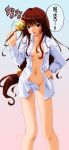  breasts brown_eyes brown_hair erica_fontaine highres instrument long_hair maracas no_bra no_panties open_clothes open_shirt sakura_wars sakura_wars_iii solo 