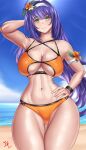 1girl 1girl 1girl abs ahoge alluring alternate_breast_size alternate_costume arcedo arm_behind_head ass_visible_through_thighs athletic athletic_female bare_arms bare_midriff bare_shoulders bare_thighs beach big_breasts big_breasts bikinicollarbone color female_abs female_only fire_emblem fire_emblem:_path_of_radiance fire_emblem:_radiant_dawn fire_emblem_heroes fit_female flower green_eyes hair_flower hand_on_own_hip headband long_hair mia_(fire_emblem) mia_(summer)_(fire_emblem) midriff navel nintendo ocean official_alternate_costume orange_bikini orange_swimsuit outside purple_hair shoulders smile standing swimsuit thick_thighs thighs tomboy under_boob very_long_hair wide_hips