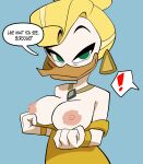 1girl 1girl 2020 absurd_res anatid anseriform anthro avian beak bedroom_eyes bird blonde_hair breasts dialogue disney dr._pizza_boi duck ducktales ducktales_(2017) english_text exclamation_point flashing goldie_o'gilt green_eyes hair high_res inkershike jewelry mature_anthro mature_female narrowed_eyes necklace nipples non-mammal_breasts non-mammal_nipples seductive speech_bubble text