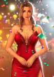 1girl aerith_gainsborough alternate_costume bangs bare_arms bare_shoulders bracelet breasts brown_hair carlos_vasseur closed_mouth dress final_fantasy final_fantasy_vii final_fantasy_vii_remake green_eyes lips lipstick long_dress long_hair looking_at_viewer makeup medium_breasts neck necklace official_alternate_costume parted_bangs red_dress red_lipstick ring sidelocks smile square_enix strapless strapless_leotard very_long_hair