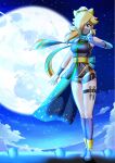 1girl alluring blonde_hair blue_eyes fishnets full_moon hair_over_one_eye high_res irohazakayouth kneehighs kuji-in kunai mario_(series) mask moon moonlight mouth_mask ninja_mask nintendo princess_rosalina rosalina sandals sash scarf socks weapon zouri