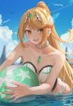 1girl alluring amausa_subee ball bare_shoulders beachball big_breasts bikini blonde_hair blush cleavage collarbone earrings high_ponytail high_res jewelry long_hair mythra nintendo partially_submerged swimsuit water white_bikini xenoblade_(series) xenoblade_chronicles_2 yellow_eyes