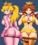 2_girls alluring ass axe blonde_hair blue_eyes breasts brown_hair cleavage crown earrings flower_earrings gloves grin gummslime high_res jewelry looking_at_viewer mario_(series) multiple_girls navel nintendo ponytail princess_daisy princess_peach shiny_skin smile staff_(weapon) standing super_mario_bros._(2023_film) the_super_mario_bros._movie thigh_gap thighs tomboy weapon