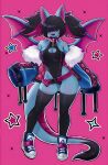 1girl berrycreme berrycreme_(artist) big_ass black_hair blue_skin breasts cute jacket long_ears long_hair seductive sexy stars swimsuit tail tennis_shoes thighs wings zubat