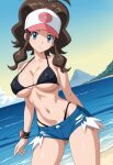 1girl accurate_art_style alluring androidparanoid beach big_breasts bikini blue_eyes blue_sky brown_eyes cleavage hat hilda hilda_(pokemon) nintendo ocean pin_up pokemon pokemon_(anime) shorts touko_(pokemon)