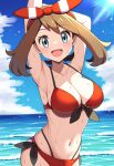 ai_generated arms_up beach bikini blue_eyes breasts brown_hair female_focus haruka_(pokemon) may_(pokemon) navel nintendo open_mouth pokemon_(anime) sunlight water wet