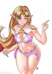 1girl a_link_between_worlds bikini blonde_hair blue_eyes breasts catsliketodraw cleavage grin hylian_ears leaning_forward legs long_hair medium_breasts navel nintendo one_eye_closed pointy_ears princess princess_zelda smile swimsuit the_legend_of_zelda thick_thighs thighs wink zelda_(a_link_between_worlds)