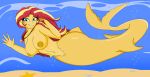 1girl 2022 blue_eyes breasts bubbles cbear624 equestria_girls eyebrows eyelashes hasbro mermaid mermaid_tail my_little_pony nipples red_hair sand smile smiling_at_viewer starfish sunset_shimmer underwater waving waving_at_viewer yellow_skin