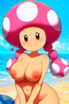 1girl ai_generated beach black_eyes breasts completely_nude_female female_focus heart looking_at_viewer mushroom_girl mushroom_humanoid navel nintendo nipples nude_female pink_hair super_mario_bros. toadette twin_braids