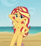 1girl accurate_art_style areola arm_behind_head bare_shoulders beach belly_button breasts casual completely_nude equestria_girls hand_on_hip hasbro human looking_at_viewer my_little_pony nipples nudist nudity pale_skin pose pussy pussy smiling_at_viewer solo_female sunset_shimmer vulva