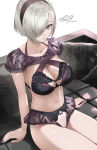 2b_(nier:automata) alluring big_breasts black_bra black_hairband black_panties blue_eyes bow bow_panties bra cleavage couch grey_hair hair_over_one_eye hairband high_res nail_polish navel nier:_automata nier_(series) on_couch one_eye_covered panties salmon88 short_hair sitting square_enix stomach thighs underwear yorha_2b yorha_no._2_type_b