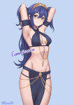 1girl absurd_res alluring alternate_costume bare_shoulders blue_eyes blue_hair criss-cross_halter female_only fire_emblem fire_emblem_awakening gloves hair_between_eyes halterneck high_res lesu long_hair looking_at_viewer lucina lucina_(fire_emblem) medium_breasts meme_attire navel nintendo open_mouth pelvic_curtain smile stomach thighs tiara yomorio_lingerie