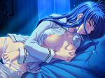  bed blue_hair blush breast_grab breasts closed_eyes fingering hair kadoi_aya kakyuusei_2 long_hair masturbation no_bra open_clothes open_shirt pussy shirt side-tie_panties sparkle takatoo_nanase 