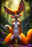 ai_generated blue_eyes breasts cleft_of_venus completely_nude_female female_focus forest fox_ears fox_girl fox_tail furry furry_female nature navel nipples nude_female orange_fur original original_character pee peeing pussy spread_legs