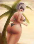 1girl 1girl 2b_(nier:automata) absurd_res alluring ass beach beach_background bikini black_bikini blindfold butt_crack day eye_mask female_focus from_behind high_res nier:automata nier_(series) palm_tree red_mouth saf-404 scared scared_expression shiny_skin short_hair sideboob sky square_enix sunset swimsuit thick_thighs thighs tiara tree white_hair widescreen yellow_sky yorha_2b yorha_no._2_type_b