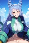 1girl 1girl ai_generated blue_hair bodysuit curvy curvy_female long_hair my_little_pony:_friendship_is_magic nejire_hadou rooftop