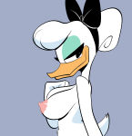 1girl 1girl 2020 absurd_res accessory anatid anseriform anthro avian beak bedroom_eyes bird bow_(feature) bow_accessory bow_ribbon breasts centered_hair_bow daisy_duck disney dr._pizza_boi duck ducktales ducktales_(2017) eyeshadow feathers hair hair_accessory hair_bow hair_ribbon high_res inkershike makeup narrowed_eyes nipples non-mammal_breasts ribbons seductive side_view simple_background white_body white_feathers white_hair